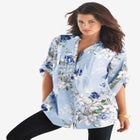 Plus Size Floral Y-Neck Pintuck Tunic &ndash; Adjustable Long Sleeve Button-Front, Relaxed Shirt Style image number null
