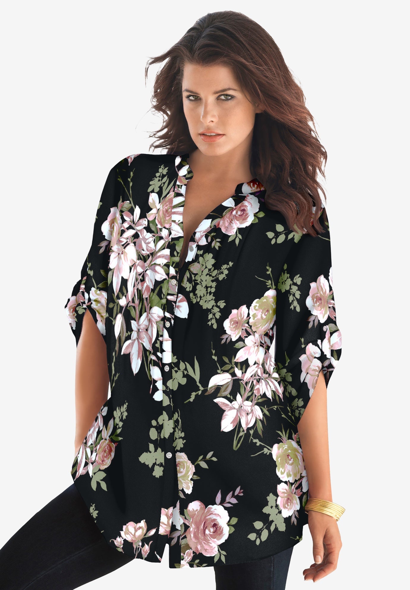 Plus Size Floral Y-Neck Pintuck Tunic &ndash; Adjustable Long Sleeve Button-Front, Relaxed Shirt Style image number 1