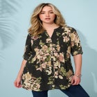 Plus Size Floral Y-Neck Pintuck Tunic &ndash; Adjustable Long Sleeve Button-Front, Relaxed Shirt Style image number null