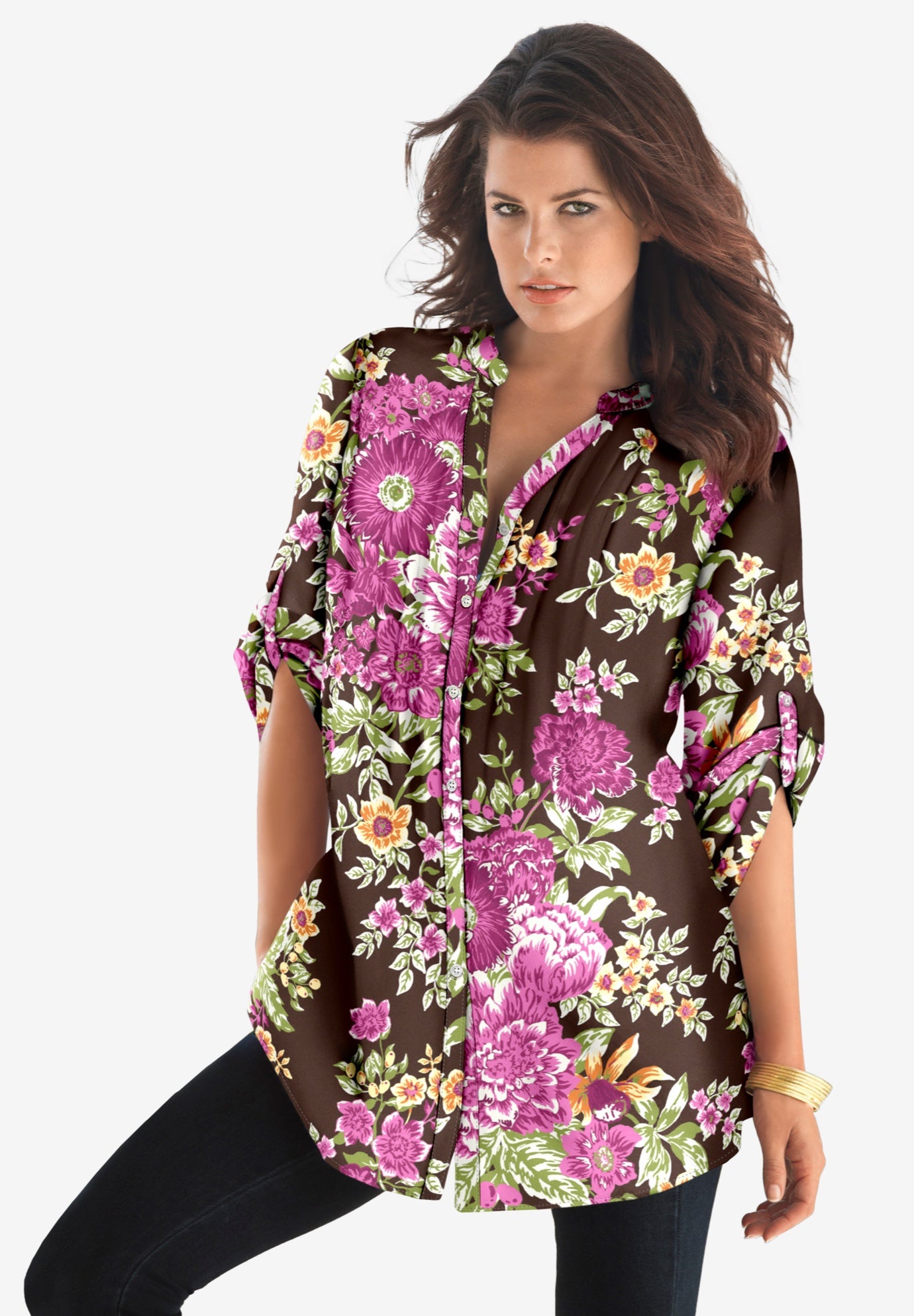 Plus Size Floral Y-Neck Pintuck Tunic &ndash; Adjustable Long Sleeve Button-Front, Relaxed Shirt Style image number 0