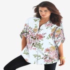 Plus Size Floral Y-Neck Pintuck Tunic &ndash; Adjustable Long Sleeve Button-Front, Relaxed Shirt Style image number null