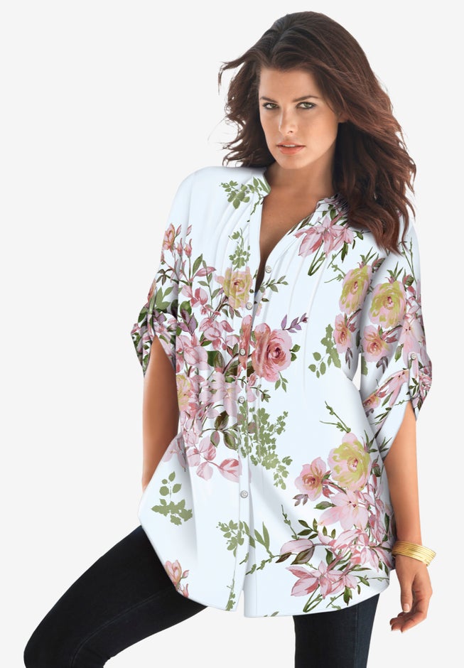 Plus Size Floral Y-Neck Pintuck Tunic &ndash; Adjustable Long Sleeve Button-Front, Relaxed Shirt Style image number 1