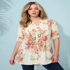 Plus Size Floral Y-Neck Pintuck Tunic &ndash; Adjustable Long Sleeve Button-Front, Relaxed Shirt Style image number null