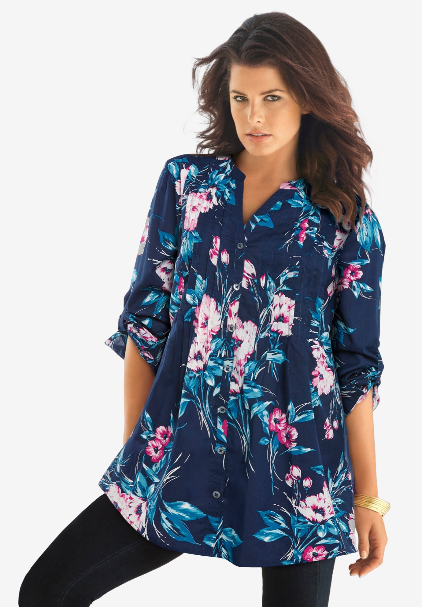 Plus Size Floral Y-Neck Pintuck Tunic &ndash; Adjustable Long Sleeve Button-Front, Relaxed Shirt Style image number 0