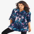 Plus Size Floral Y-Neck Pintuck Tunic &ndash; Adjustable Long Sleeve Button-Front, Relaxed Shirt Style image number null