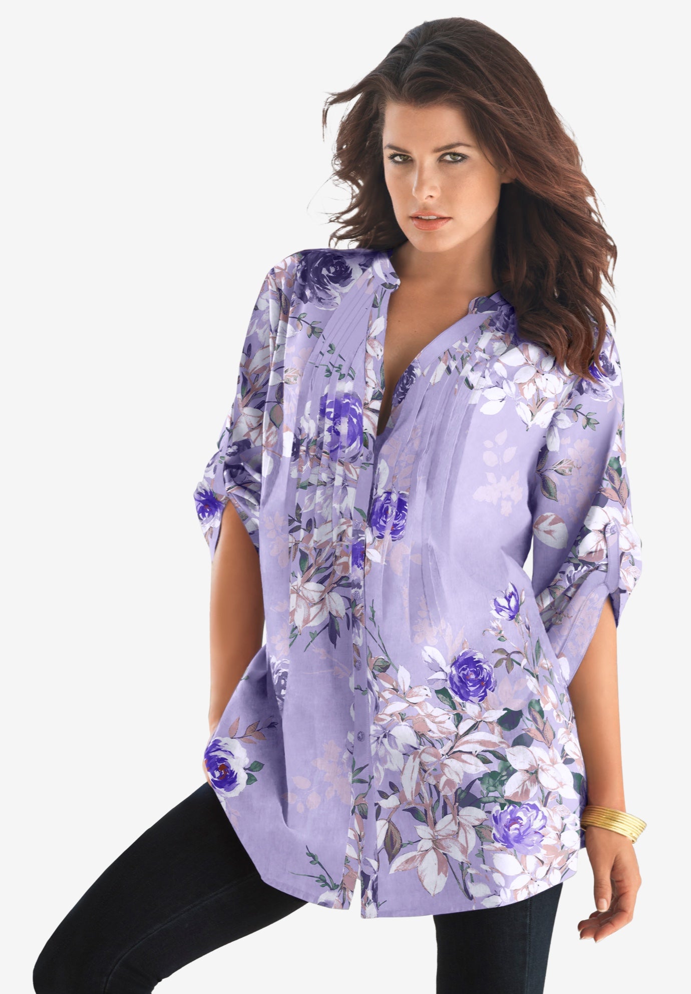 Plus Size Floral Y-Neck Pintuck Tunic &ndash; Adjustable Long Sleeve Button-Front, Relaxed Shirt Style image number 0