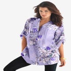 Plus Size Floral Y-Neck Pintuck Tunic &ndash; Adjustable Long Sleeve Button-Front, Relaxed Shirt Style image number null