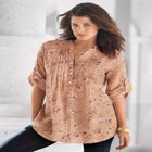 Plus Size Floral Y-Neck Pintuck Tunic &ndash; Adjustable Long Sleeve Button-Front, Relaxed Shirt Style image number null