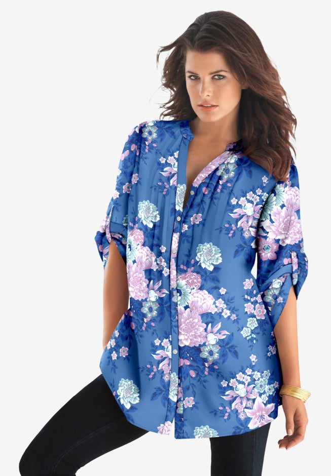 Plus Size Floral Y-Neck Pintuck Tunic &ndash; Adjustable Long Sleeve Button-Front, Relaxed Shirt Style image number 1