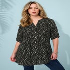 Plus Size Floral Y-Neck Pintuck Tunic &ndash; Adjustable Long Sleeve Button-Front, Relaxed Shirt Style image number null