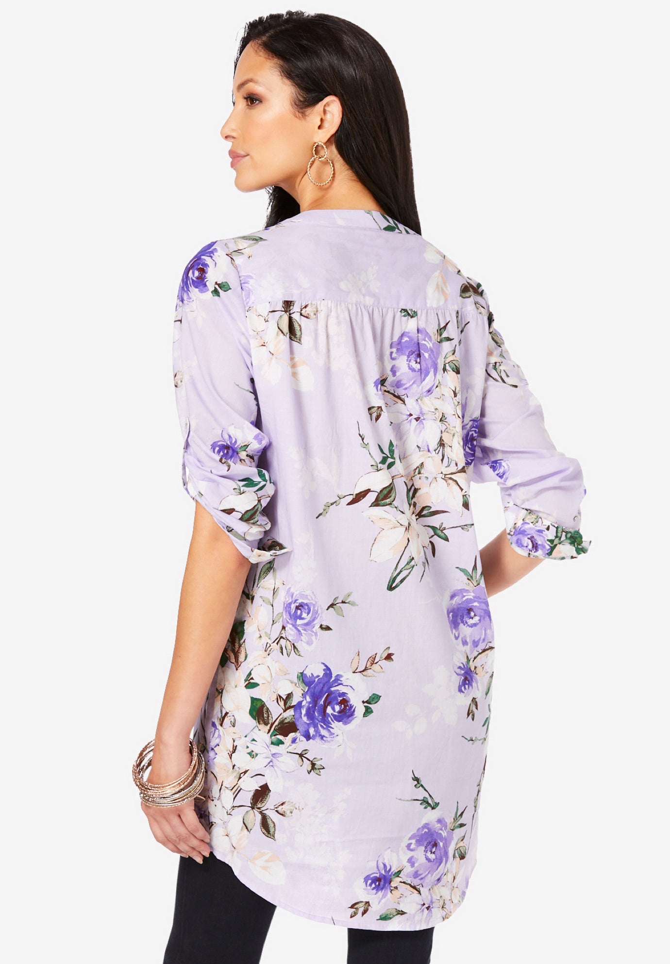 Plus Size Floral Y-Neck Pintuck Tunic &ndash; Adjustable Long Sleeve Button-Front, Relaxed Shirt Style image number 1