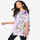 Plus Size Floral Y-Neck Pintuck Tunic &ndash; Adjustable Long Sleeve Button-Front, Relaxed Shirt Style image number null