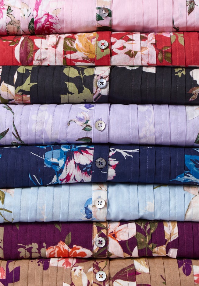 Plus Size Floral Y-Neck Pintuck Tunic &ndash; Adjustable Long Sleeve Button-Front, Relaxed Shirt Style image number 8