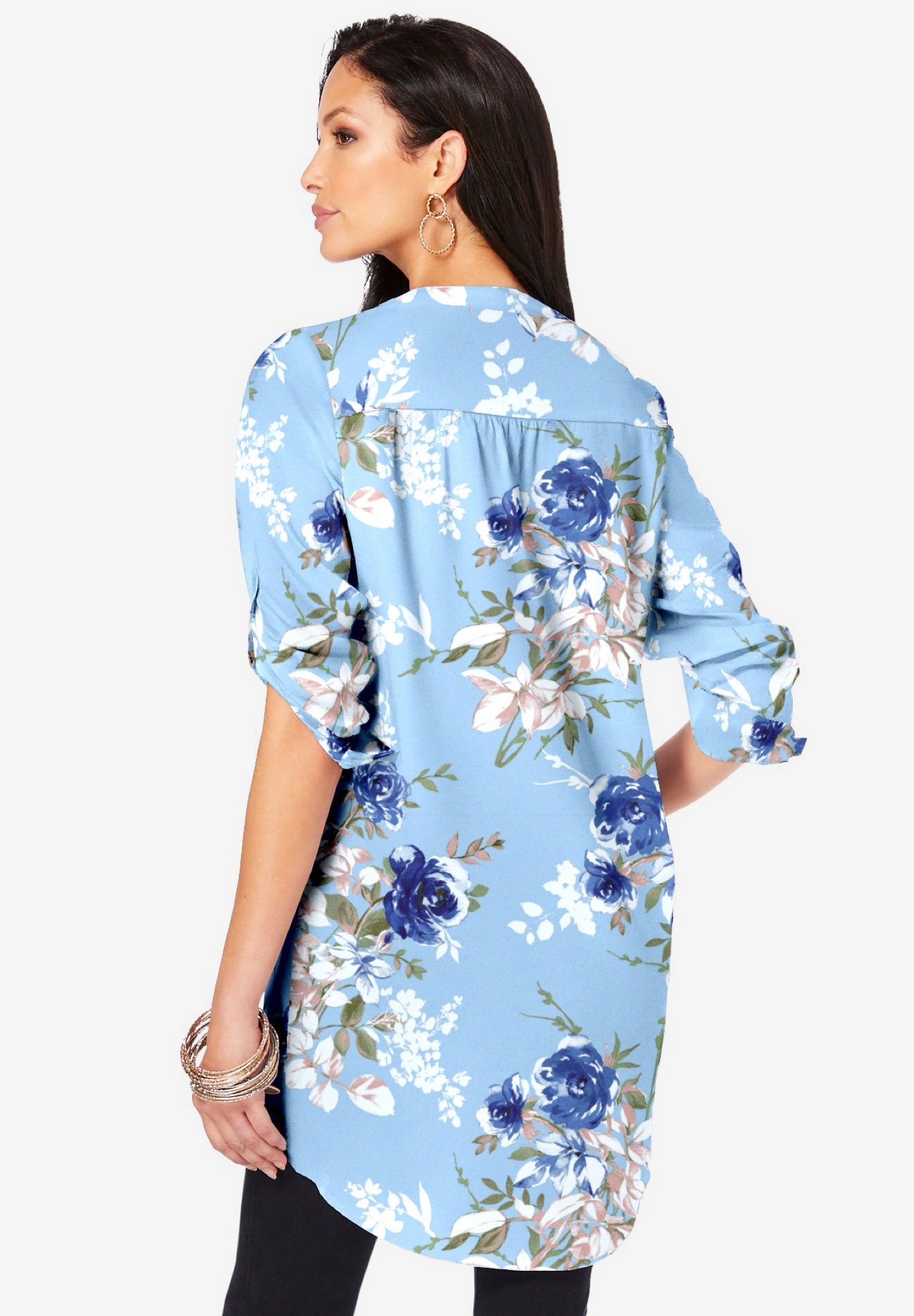 Plus Size Floral Y-Neck Pintuck Tunic &ndash; Adjustable Long Sleeve Button-Front, Relaxed Shirt Style image number 2