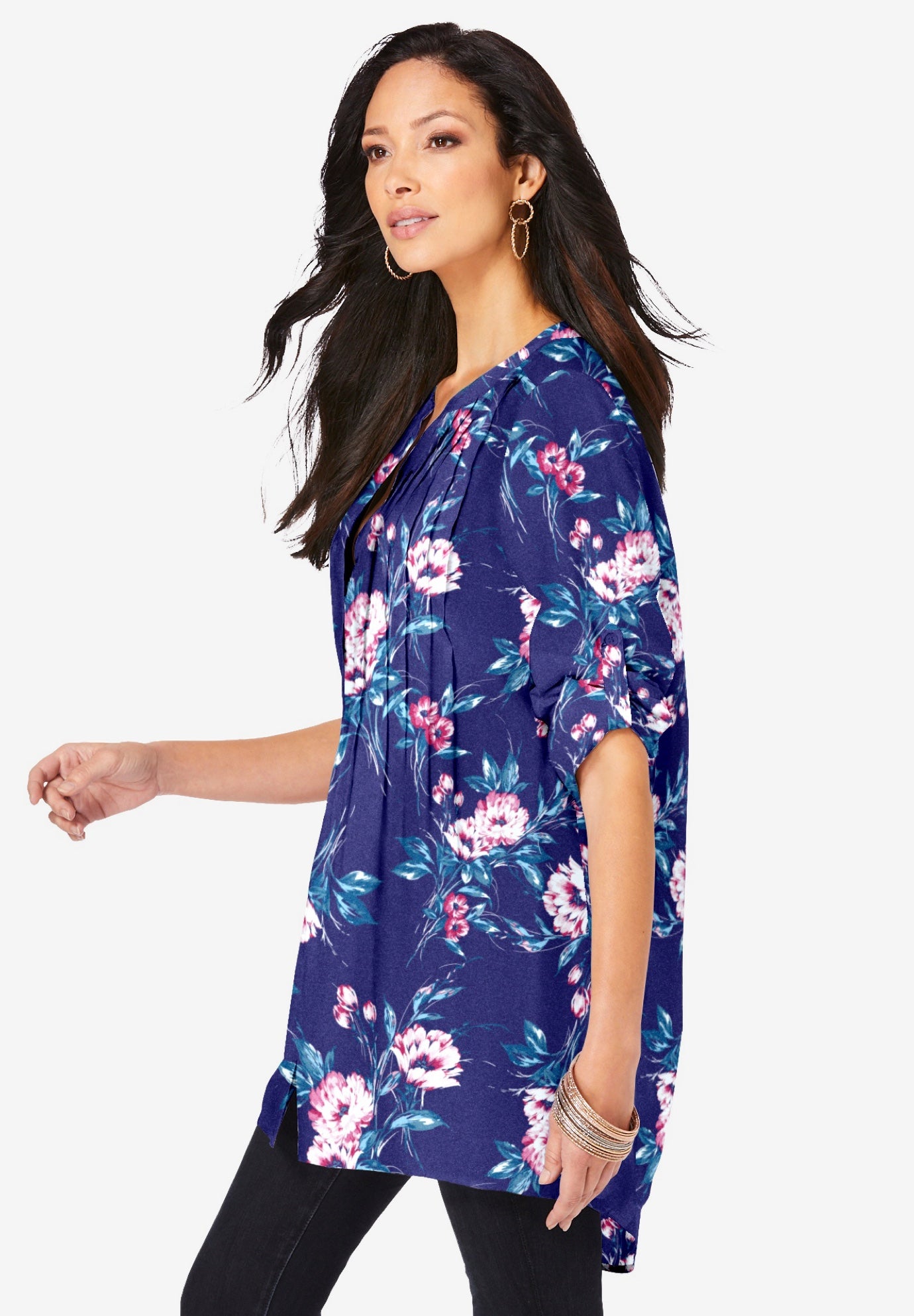 Plus Size Floral Y-Neck Pintuck Tunic &ndash; Adjustable Long Sleeve Button-Front, Relaxed Shirt Style image number 2