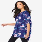 Plus Size Floral Y-Neck Pintuck Tunic &ndash; Adjustable Long Sleeve Button-Front, Relaxed Shirt Style image number null