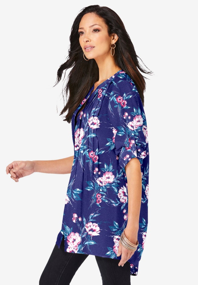 Plus Size Floral Y-Neck Pintuck Tunic &ndash; Adjustable Long Sleeve Button-Front, Relaxed Shirt Style image number 2