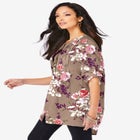 Plus Size Floral Y-Neck Pintuck Tunic &ndash; Adjustable Long Sleeve Button-Front, Relaxed Shirt Style image number null