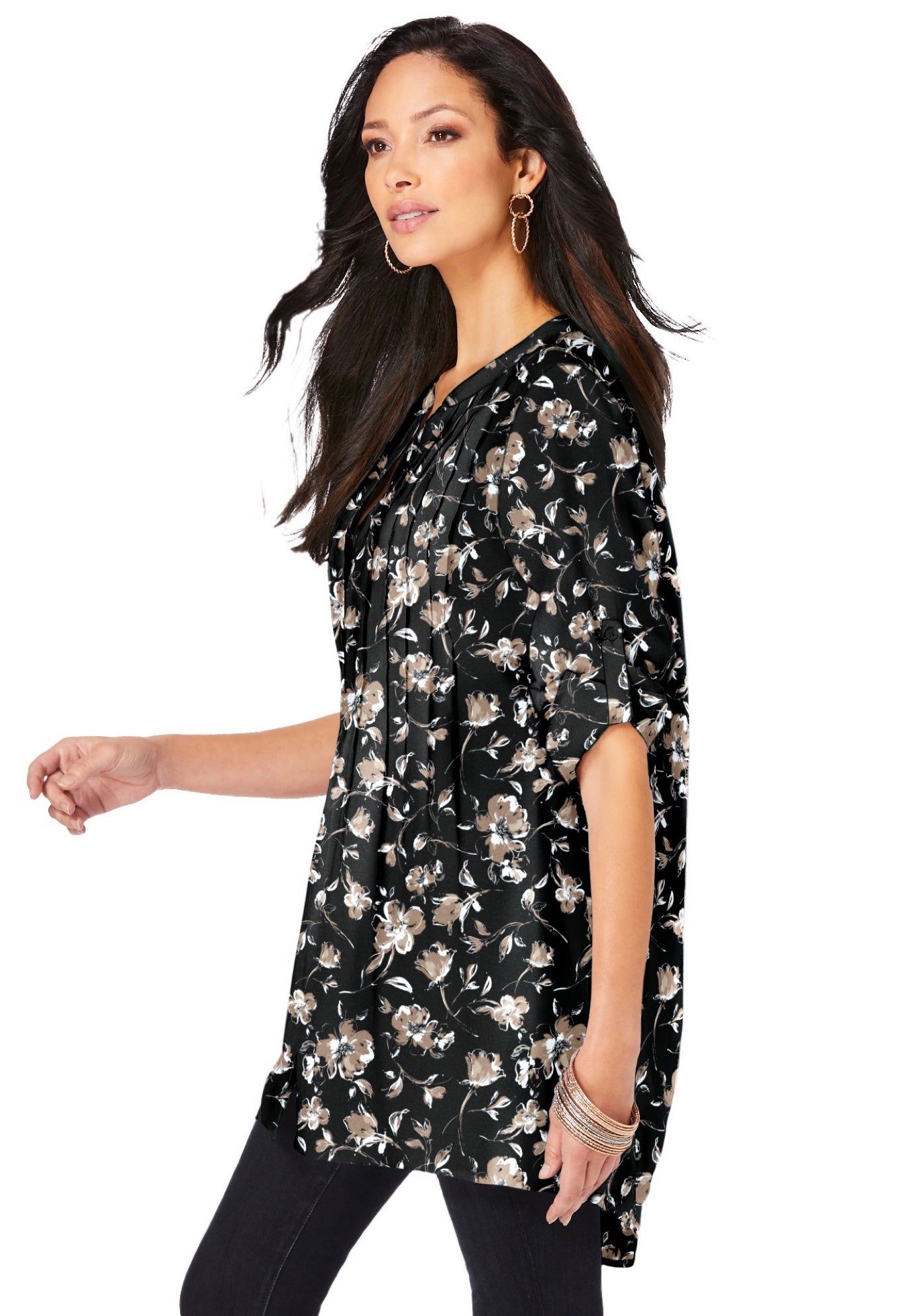 Plus Size Floral Y-Neck Pintuck Tunic &ndash; Adjustable Long Sleeve Button-Front, Relaxed Shirt Style image number 2