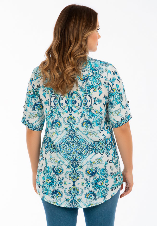 Plus Size Floral Y-Neck Pintuck Tunic &ndash; Adjustable Long Sleeve Button-Front, Relaxed Shirt Style image number 1