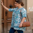 Plus Size Floral Y-Neck Pintuck Tunic &ndash; Adjustable Long Sleeve Button-Front, Relaxed Shirt Style image number null