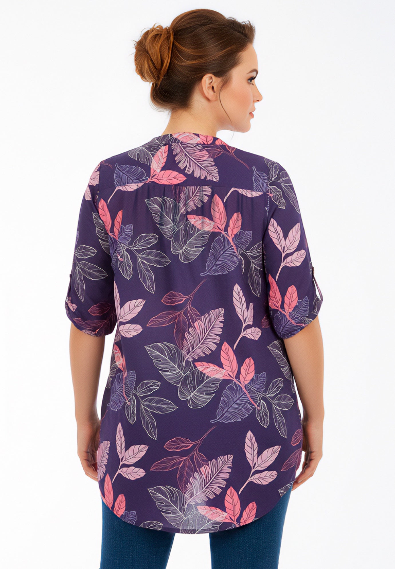 Plus Size Floral Y-Neck Pintuck Tunic &ndash; Adjustable Long Sleeve Button-Front, Relaxed Shirt Style image number 1