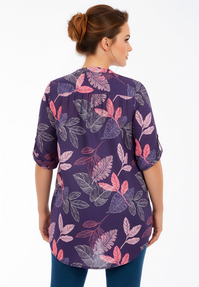 Plus Size Floral Y-Neck Pintuck Tunic &ndash; Adjustable Long Sleeve Button-Front, Relaxed Shirt Style image number 1