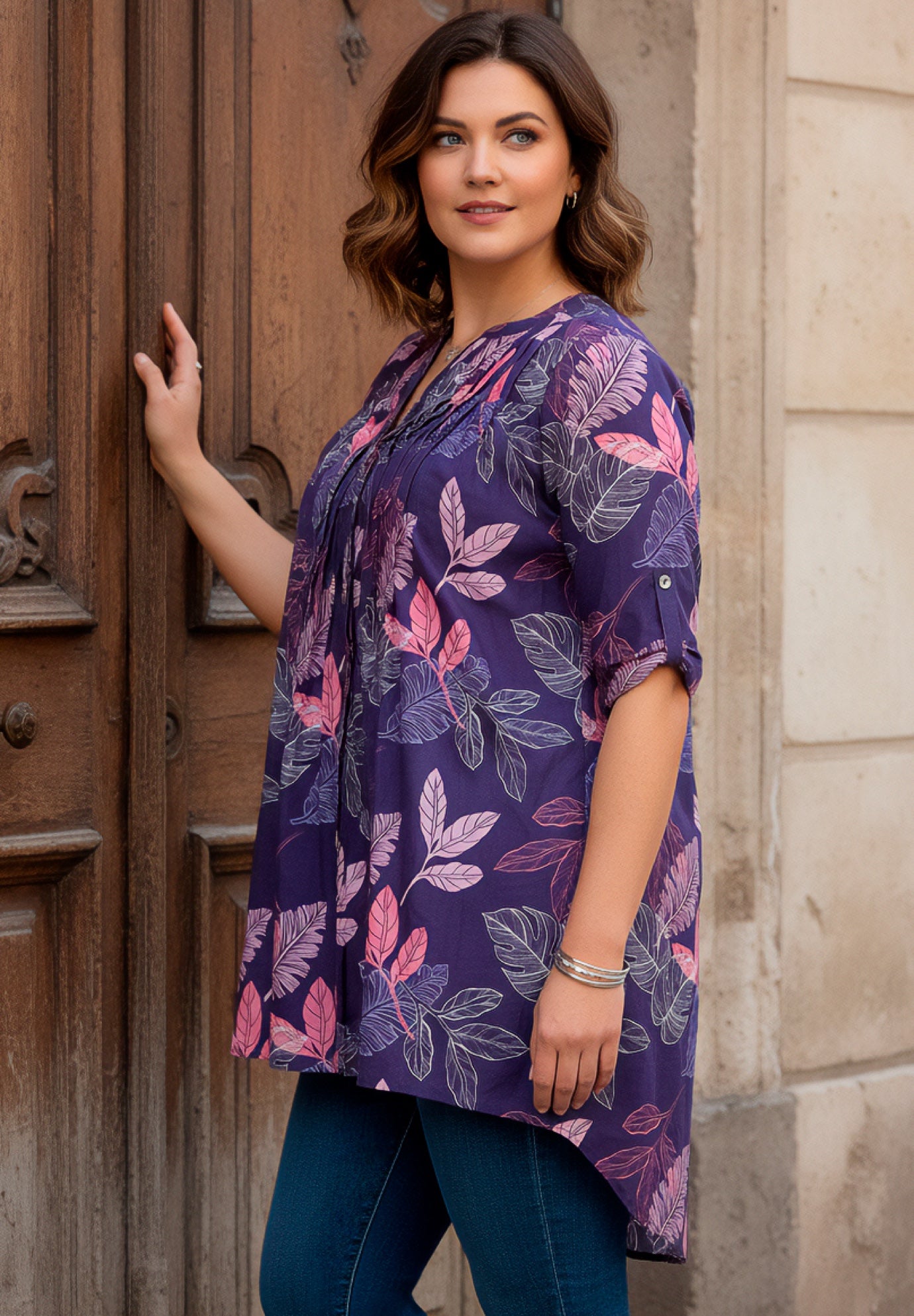 Plus Size Floral Y-Neck Pintuck Tunic &ndash; Adjustable Long Sleeve Button-Front, Relaxed Shirt Style image number 2