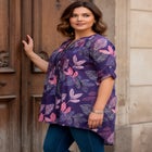 Plus Size Floral Y-Neck Pintuck Tunic &ndash; Adjustable Long Sleeve Button-Front, Relaxed Shirt Style image number null