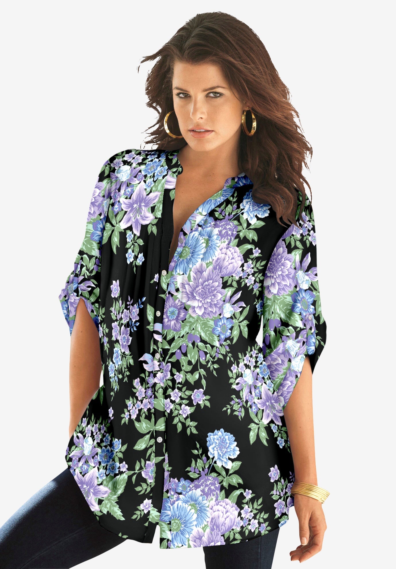 Plus Size Floral Y-Neck Pintuck Tunic &ndash; Adjustable Long Sleeve Button-Front, Relaxed Shirt Style image number 1