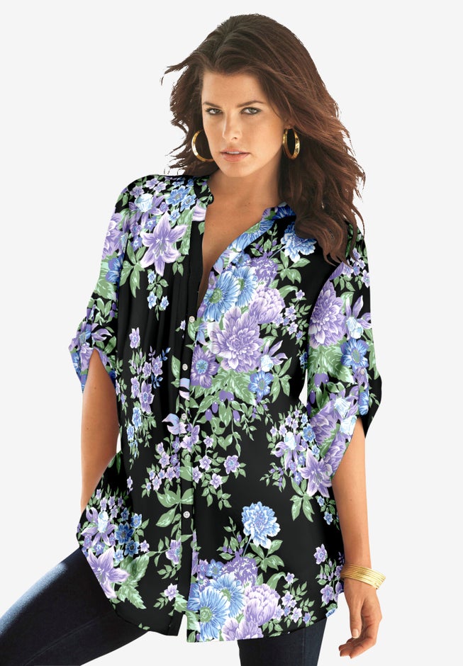 Plus Size Floral Y-Neck Pintuck Tunic &ndash; Adjustable Long Sleeve Button-Front, Relaxed Shirt Style image number 1