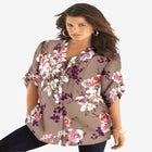 Plus Size Floral Y-Neck Pintuck Tunic &ndash; Adjustable Long Sleeve Button-Front, Relaxed Shirt Style image number null