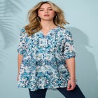 Plus Size Floral Y-Neck Pintuck Tunic &ndash; Adjustable Long Sleeve Button-Front, Relaxed Shirt Style image number null
