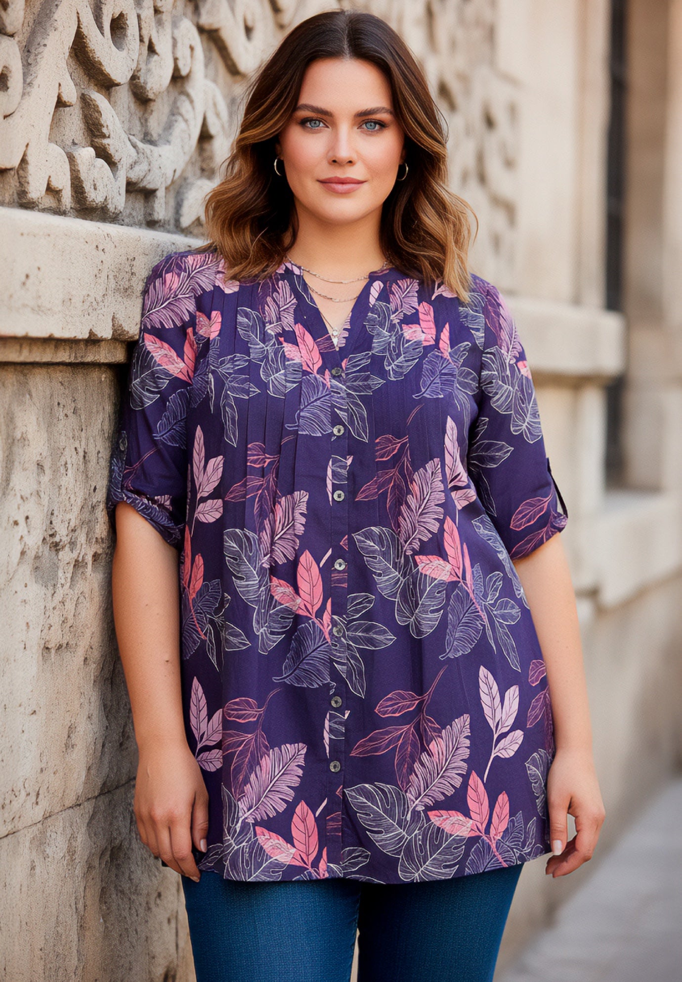 Plus Size Floral Y-Neck Pintuck Tunic &ndash; Adjustable Long Sleeve Button-Front, Relaxed Shirt Style image number 0