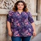 Plus Size Floral Y-Neck Pintuck Tunic &ndash; Adjustable Long Sleeve Button-Front, Relaxed Shirt Style image number null