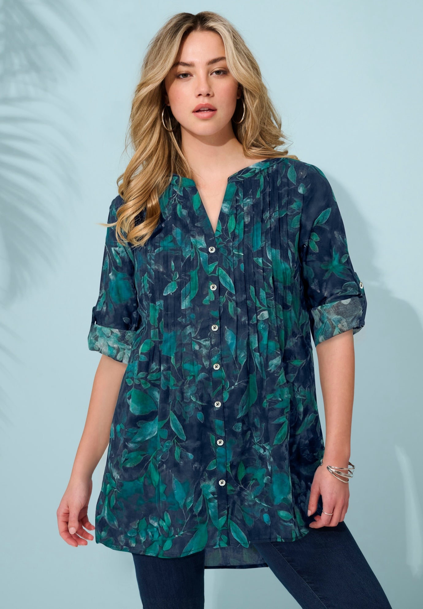 Plus Size Pintuck Tunic Blouse &ndash; Y-Neck & Roll-Tab Sleeves image number 0