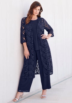 Plus Size 3-Piece Allover Lace Duster Pant Set &ndash; Formal Wear