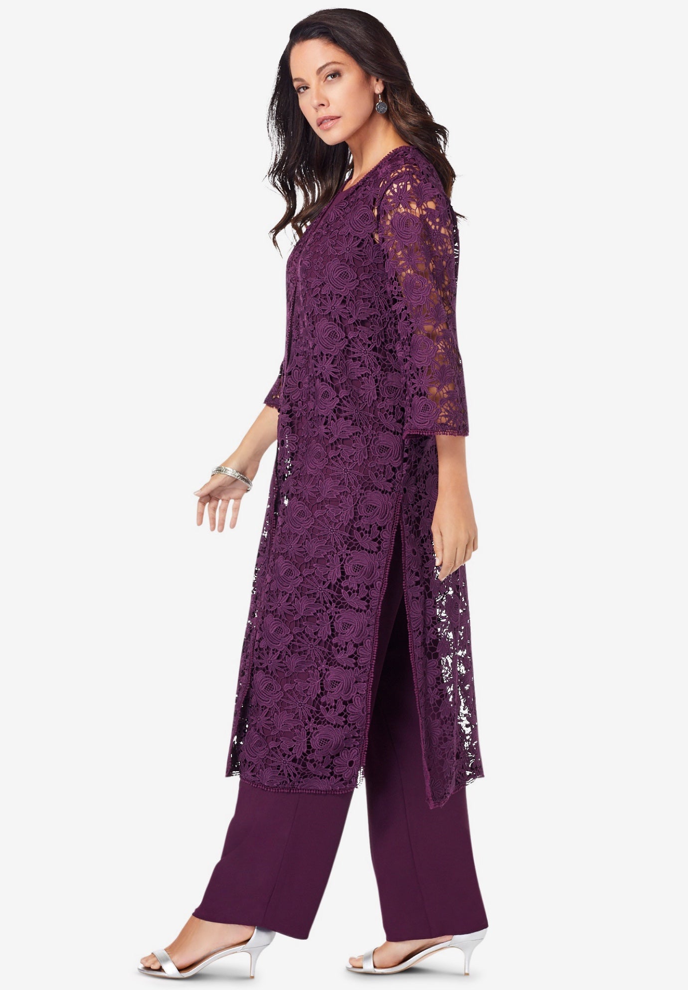 Plus Size 3-Piece Allover Lace Duster Pant Set &ndash; Formal Wear image number 2