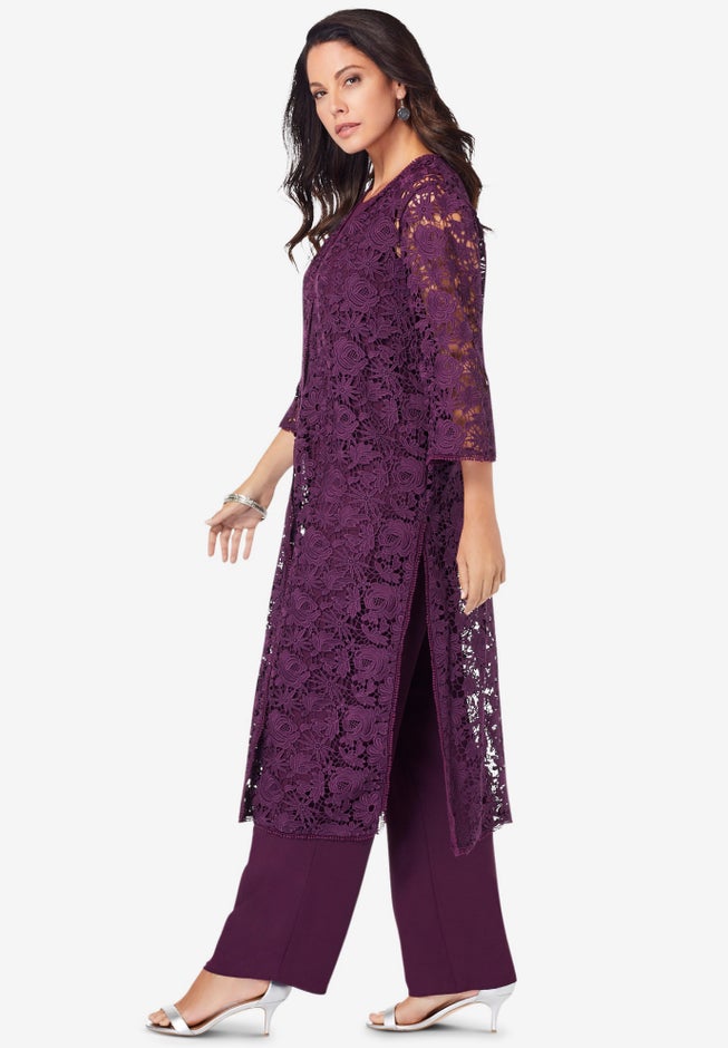 Plus Size 3-Piece Allover Lace Duster Pant Set &ndash; Formal Wear image number 2