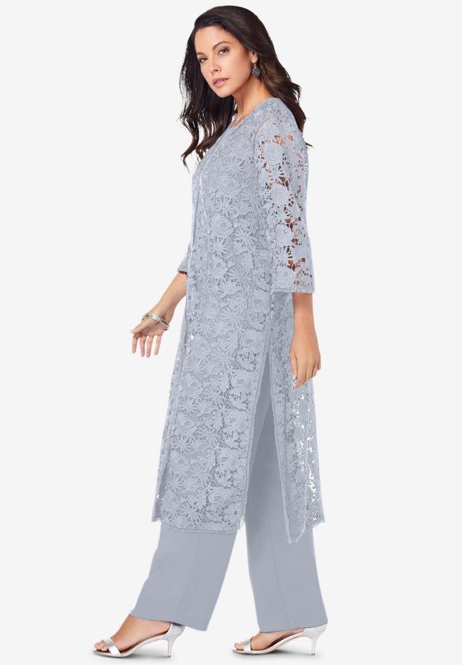 Plus Size 3-Piece Allover Lace Duster Pant Set &ndash; Formal Wear image number 1