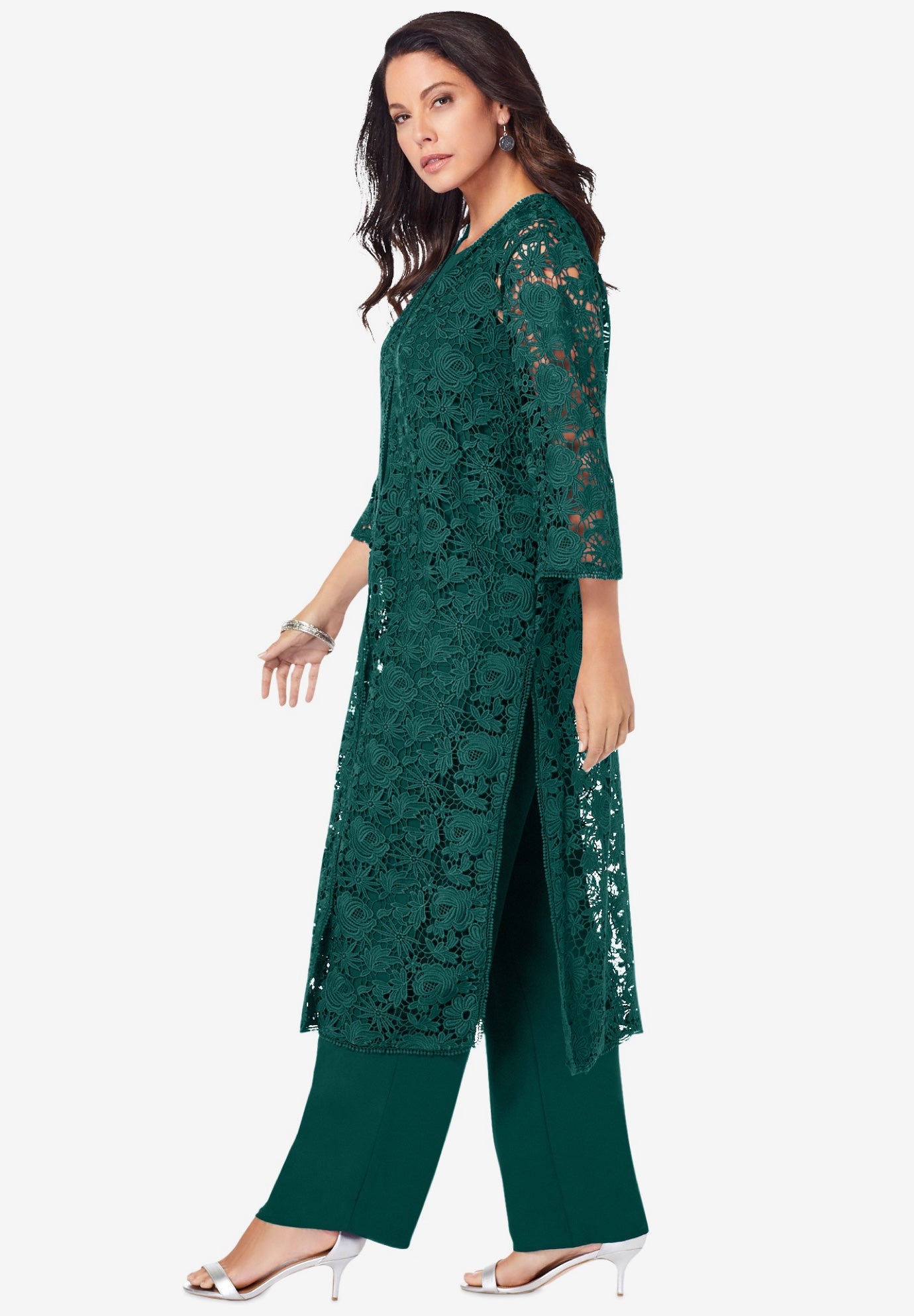 Plus Size 3-Piece Allover Lace Duster Pant Set &ndash; Formal Wear image number 2