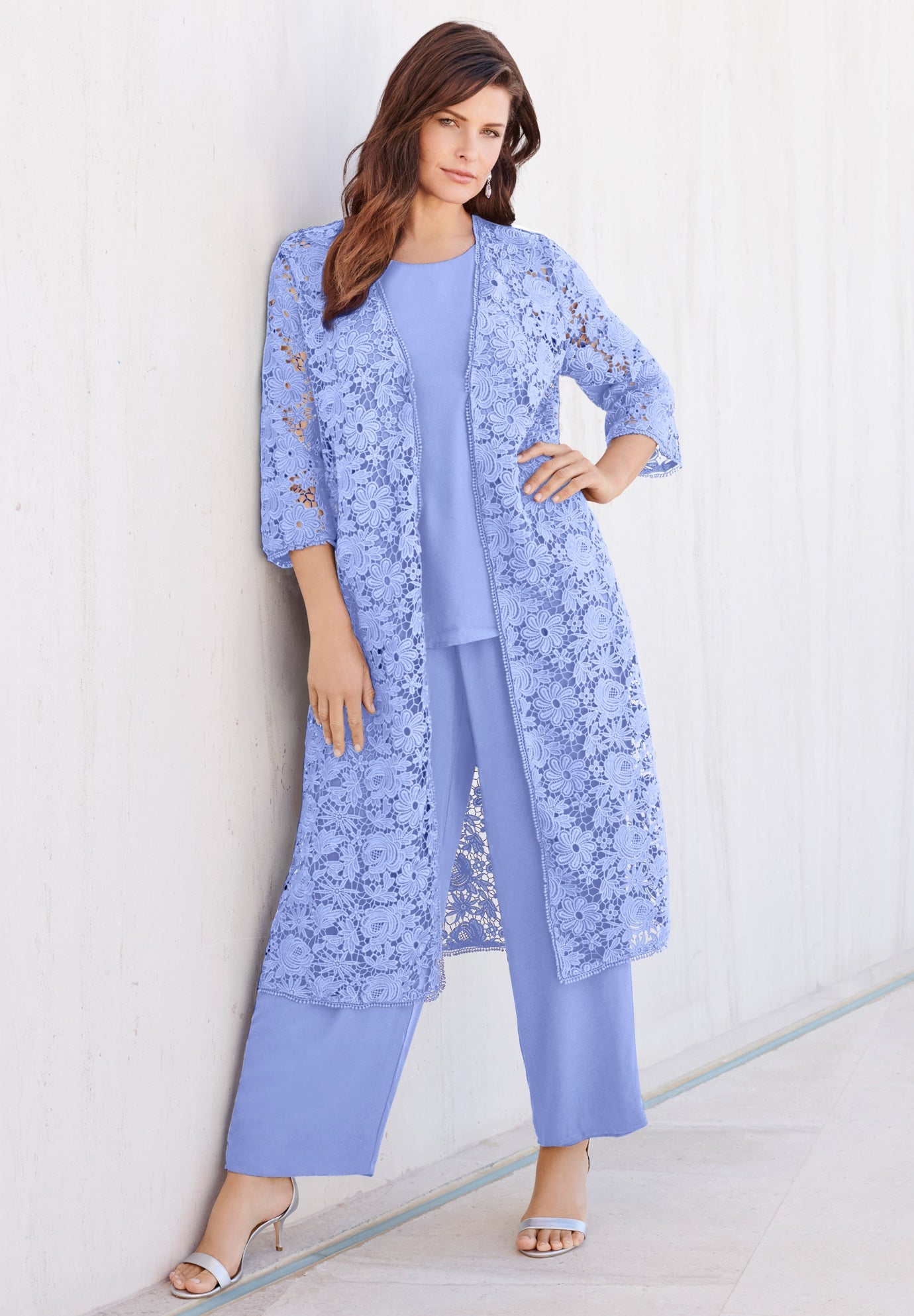 Plus Size 3-Piece Allover Lace Duster Pant Set &ndash; Formal Wear image number 0