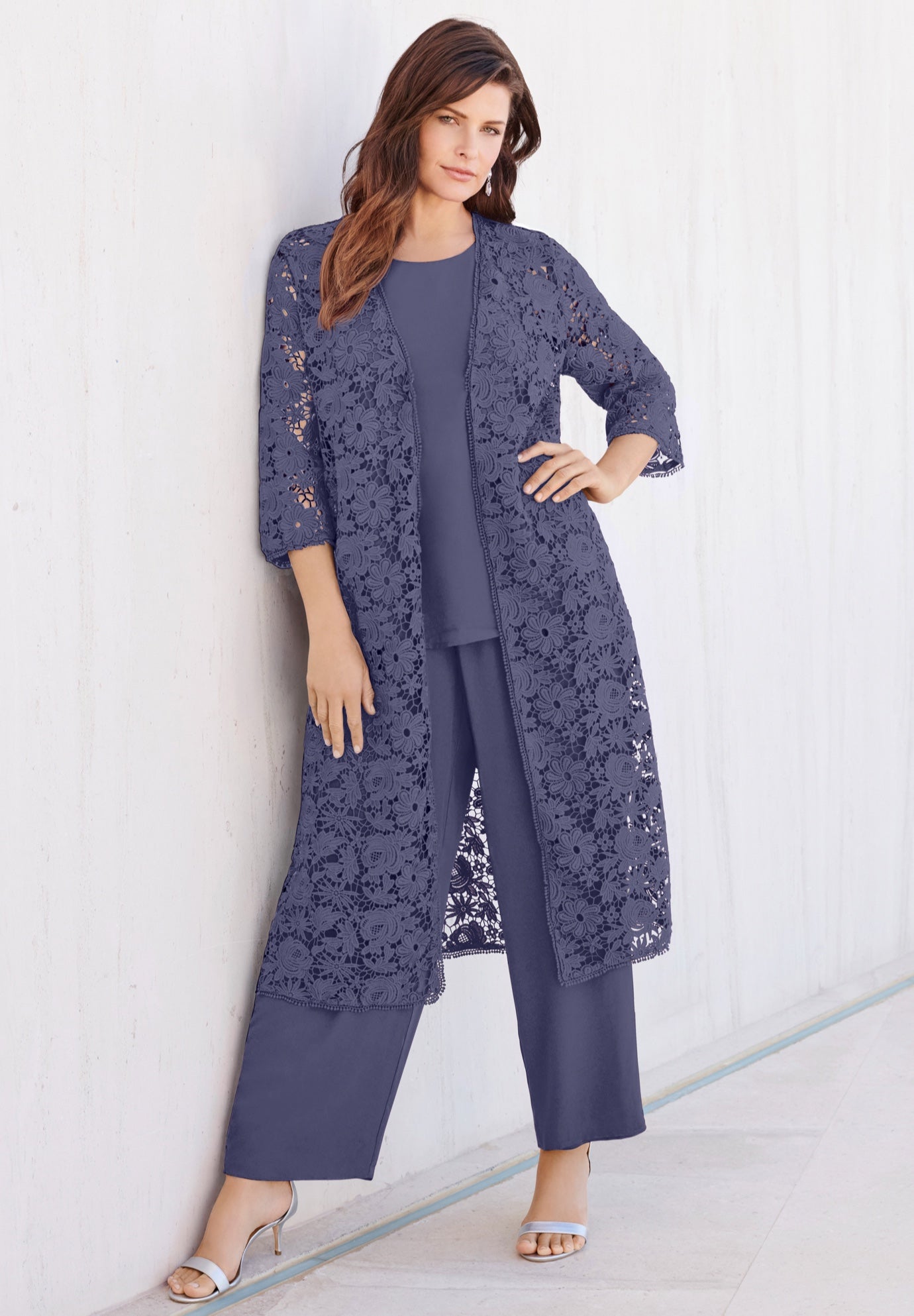 Plus Size 3-Piece Allover Lace Duster Pant Set &ndash; Formal Wear image number 0