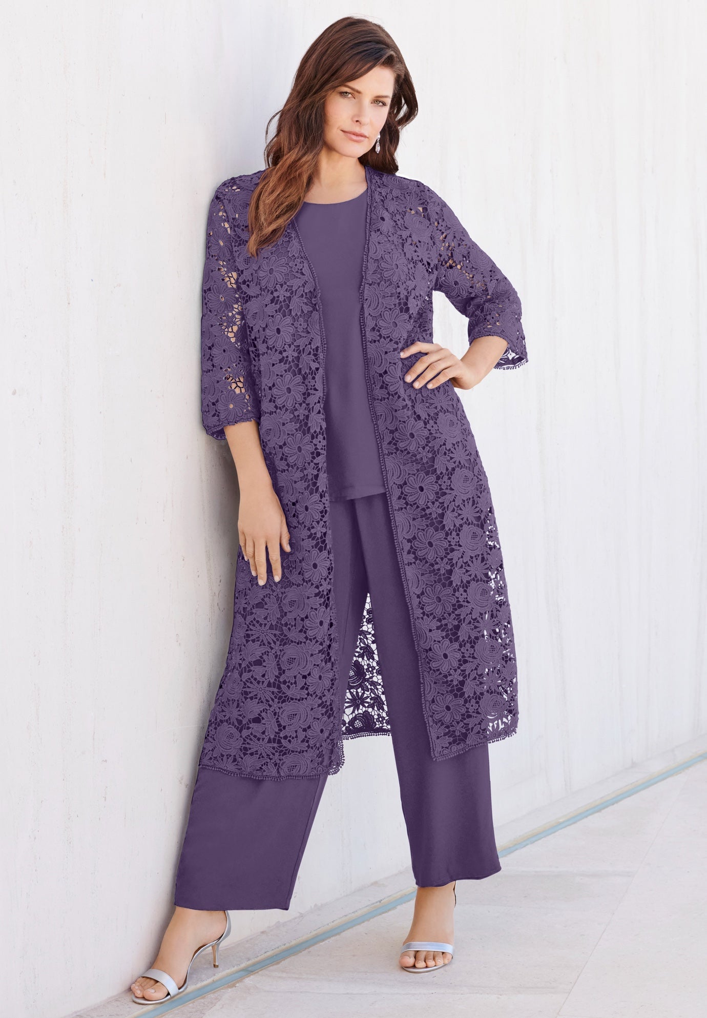 Plus Size 3-Piece Allover Lace Duster Pant Set &ndash; Formal Wear image number 0