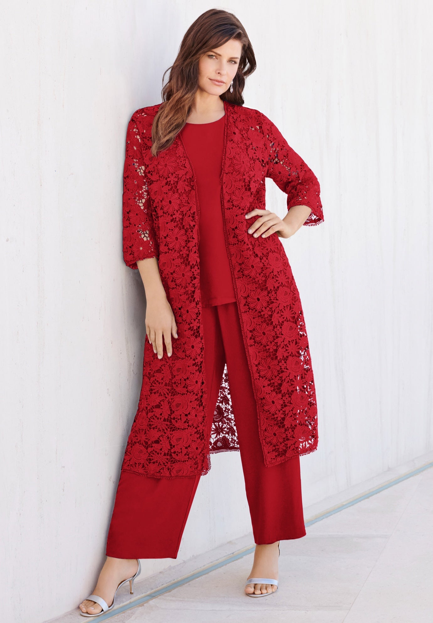 Plus Size 3-Piece Allover Lace Duster Pant Set &ndash; Formal Wear image number 0