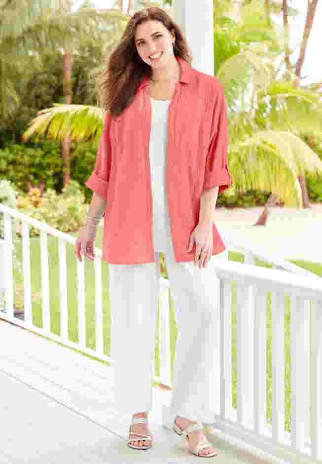 AnyWear Pucker Cotton Buttonfront Roll Tab Shirt image number 4