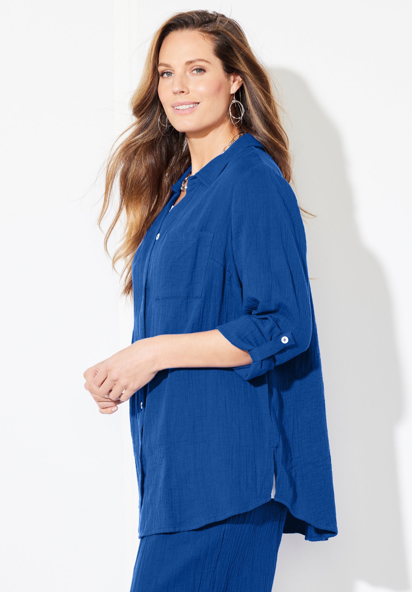 AnyWear Pucker Cotton Buttonfront Roll Tab Shirt image number 2