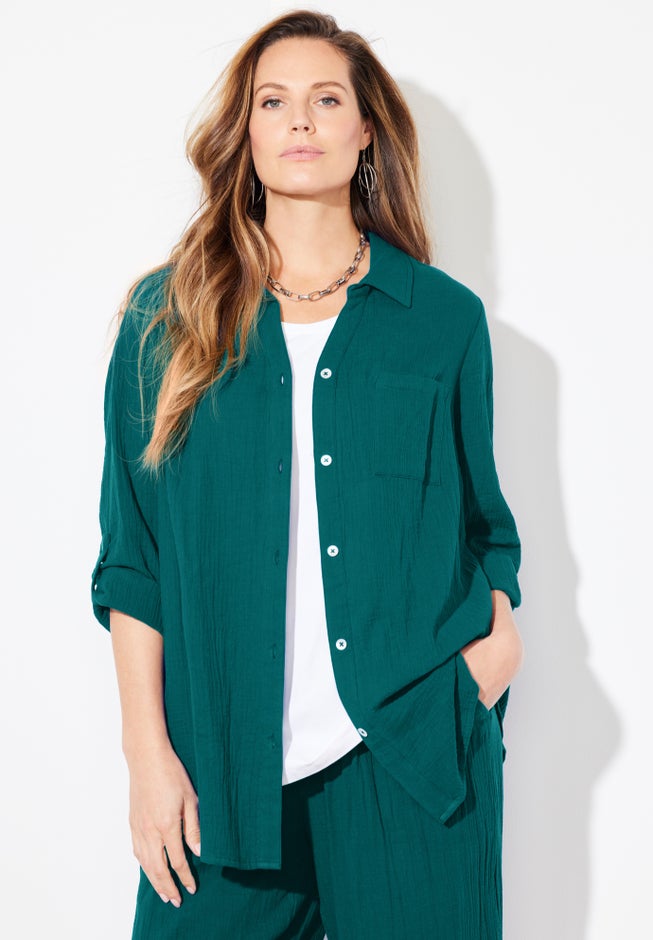 AnyWear Pucker Cotton Buttonfront Roll Tab Shirt image number 1