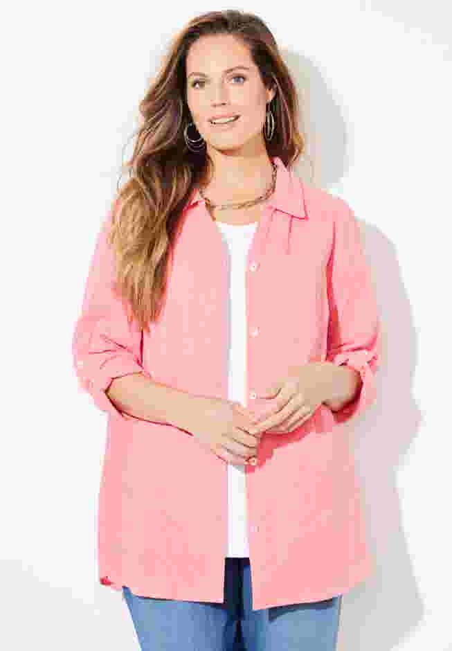 AnyWear Pucker Cotton Buttonfront Roll Tab Shirt image number 0