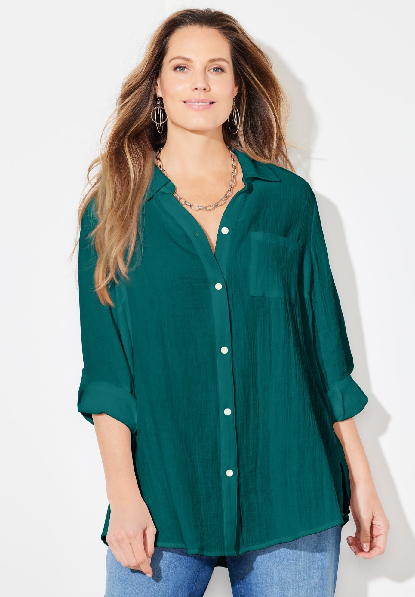 AnyWear Pucker Cotton Buttonfront Roll Tab Shirt image number 0